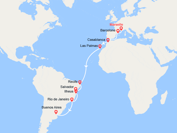 itinéraire croisière Transatlantique : France, Espagne, Maroc, Canaries, Brésil, Argentine