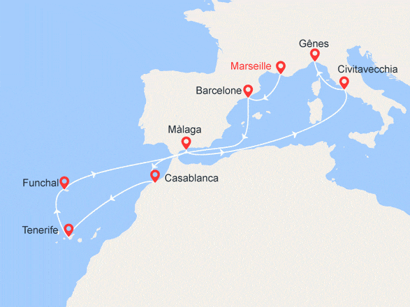 itinéraire croisière Méditerranée : France, Espagne, Maroc, Portugal, Italie