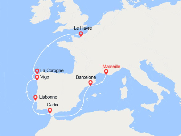 itinéraire croisière Méditerranée : France, Espagne, Portugal