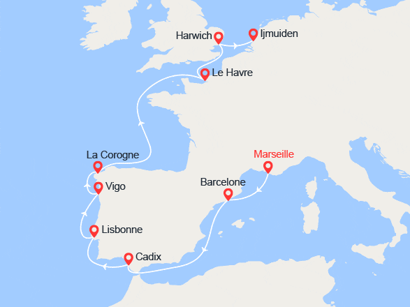 itinéraire croisière Méditerranée : France, Espagne, Portugal, Grande-Bretagne