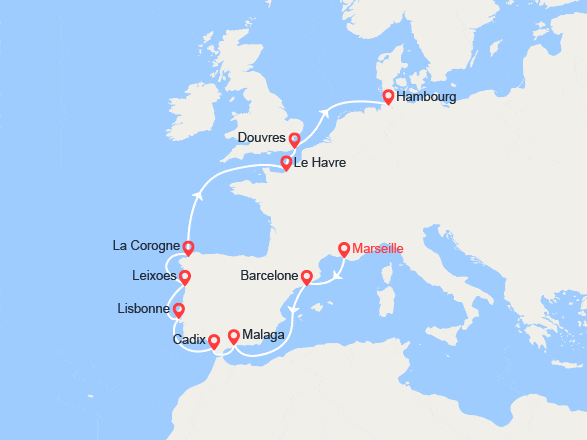 itinéraire croisière Méditerranée Occidentale : France, Espagne, Portugal, Grande-Bretagne, Allemagne