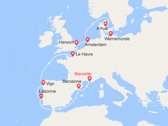 itinéraire croisière Méditerranée : France, Espagne, Portugal, Grande-Bretagne, Pays-Bas, Danemark, Allemagne