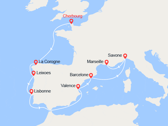 itinéraire croisière Méditerranée : France, Espagne, Portugal, Italie
