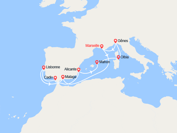 itinéraire croisière Méditerranée Occidentale : France, Espagne, Portugal, Italie