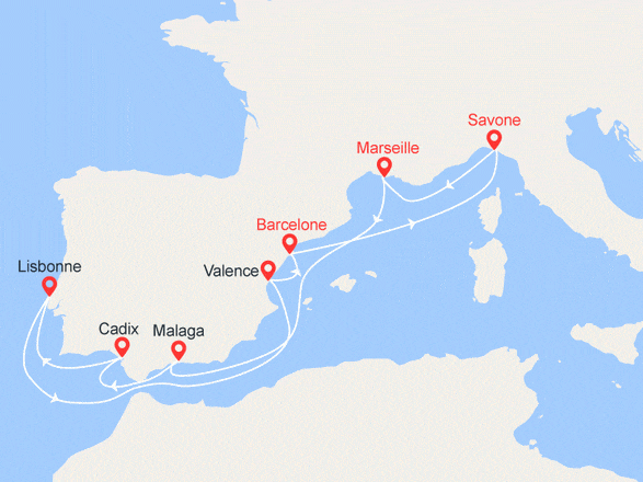 itinéraire croisière Méditerranée : France, Espagne, Portugal, Italie