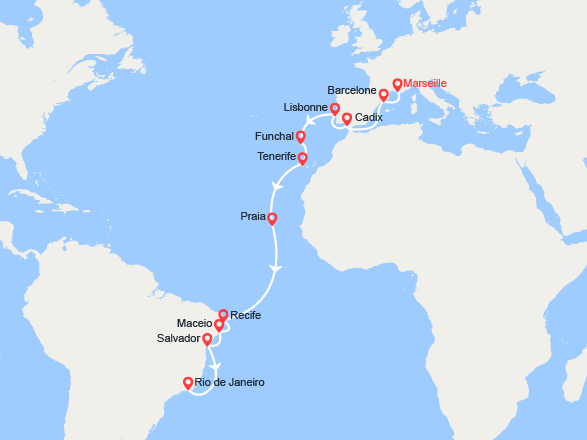 itinéraire croisière Transatlantique : France, Espagne, Portugal, Madère, Canaries, Brésil