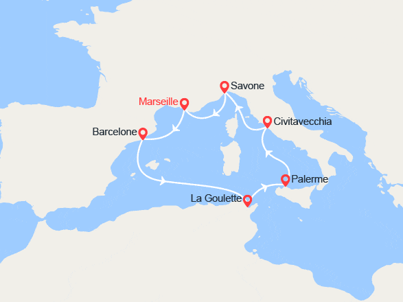 itinéraire croisière Méditerranée Occidentale : France, Espagne, Tunisie, Italie