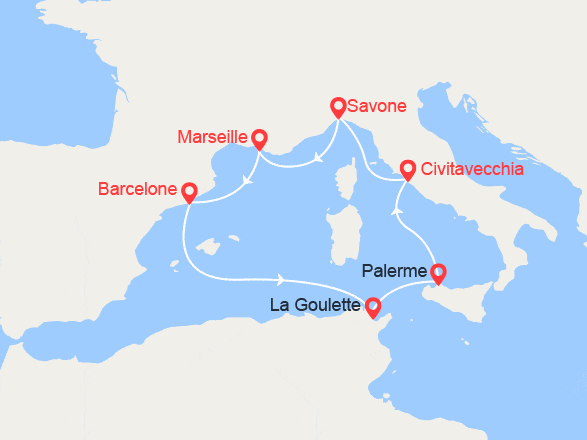 itin&eacute;raire croisi&egrave;re Méditerranée Occidentale : France, Espagne,Tunisie, Italie 