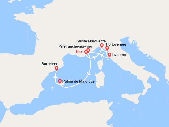 itinéraire croisière Méditerranée Occidentale : France, Italie, Espagne