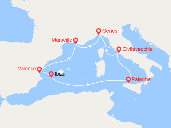 itinéraire croisière Méditerranée Occidentale : France, Italie, Espagne 