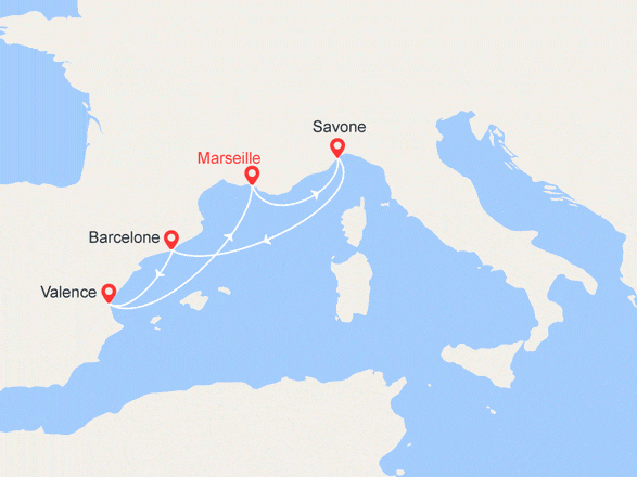 itinéraire croisière Méditerranée - Mer Noire : France, Italie, Espagne
