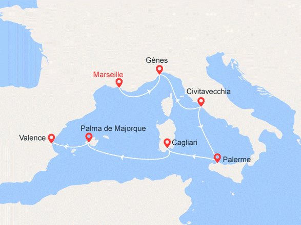 itinéraire croisière Méditerranée : France, Italie, Espagne