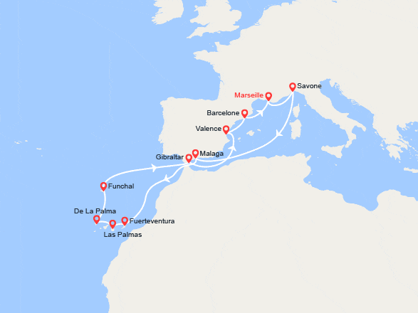 itinéraire croisière Méditerranée Occidentale : France, Italie, Espagne, Canaries, Madère, Gibraltar