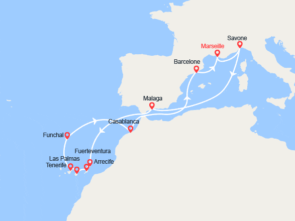itinéraire croisière Méditerranée Orientale : France, Italie, Espagne, Canaries, Madère, Maroc