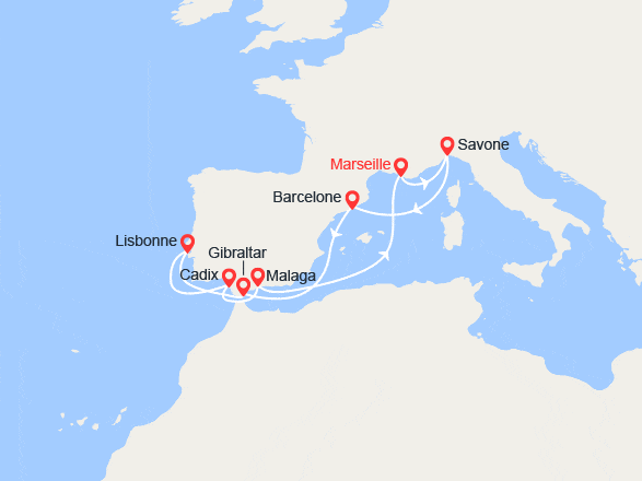 itin&eacute;raire croisi&egrave;re Méditerranée Occidentale : France, Italie, Espagne, Gibraltar, Portuga 