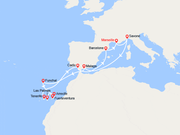 itinéraire croisière Méditerranée Occidentale : France, Italie, Espagne, Madère, Canaries