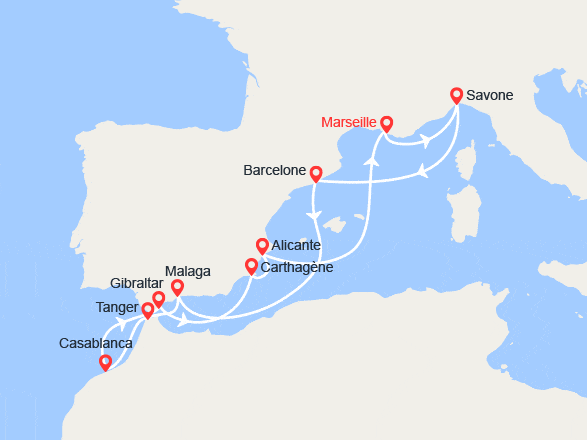 itinéraire croisière Méditerranée Orientale : France, Italie, Espagne, Maroc, Gibraltar
