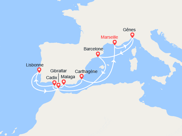 itinéraire croisière Méditerranée Occidentale : France, Italie, Espagne, Portugal, Gibraltar 