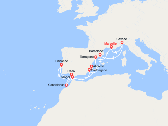 itin&eacute;raire croisi&egrave;re Méditerranée Occidentale : France, Italie, Espagne, Portugal, Maroc 