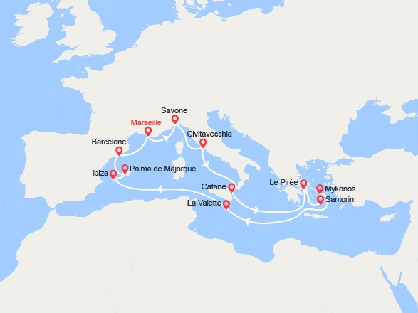itin&eacute;raire croisi&egrave;re Méditerranée Orientale : France, Italie, Grèce, Malte, Baléares, Espagne 