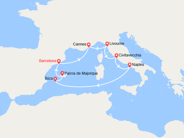 itinéraire croisière Iles Baléares : France, Italie, Iles Baléares