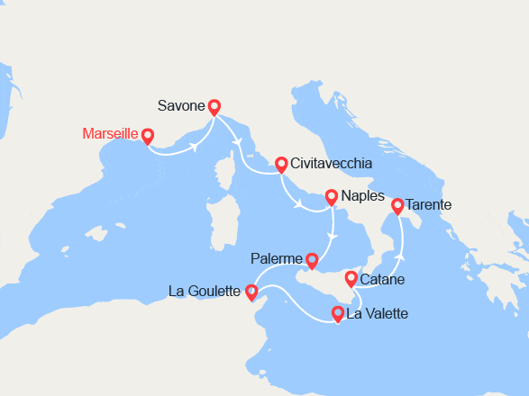 itinéraire croisière Méditerranée : France, Italie, Malte