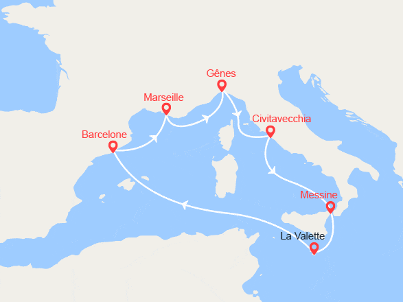 itin&eacute;raire croisi&egrave;re Méditerranée Occidentale : France, Italie, Malte, Espagne 