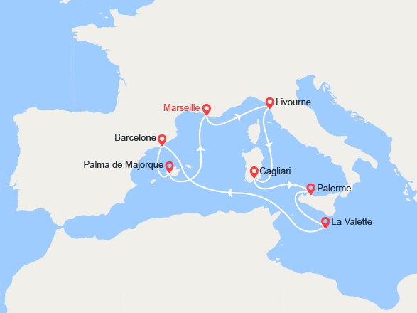 itin&eacute;raire croisi&egrave;re Méditerranée Occidentale : France, Italie, Malte, Espagne 