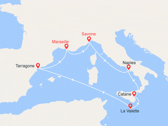 itinéraire croisière Méditerranée : France, Italie, Malte, Espagne