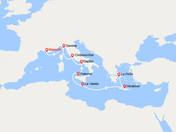 itin&eacute;raire croisi&egrave;re Méditerranée Orientale : France, Italie, Malte, Grèce 