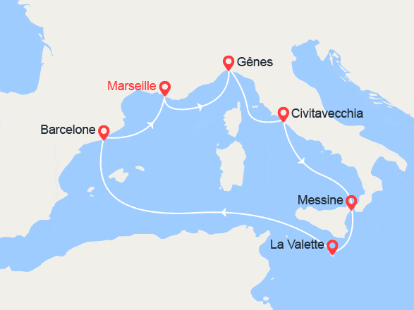 itinéraire croisière Méditerranée : France, Italie, Malte et Espagne 