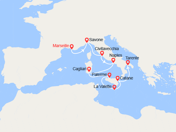 itin&eacute;raire croisi&egrave;re Méditerranée Occidentale : France, Italie, Sardaigne, Sicile, Malte, Espagne 