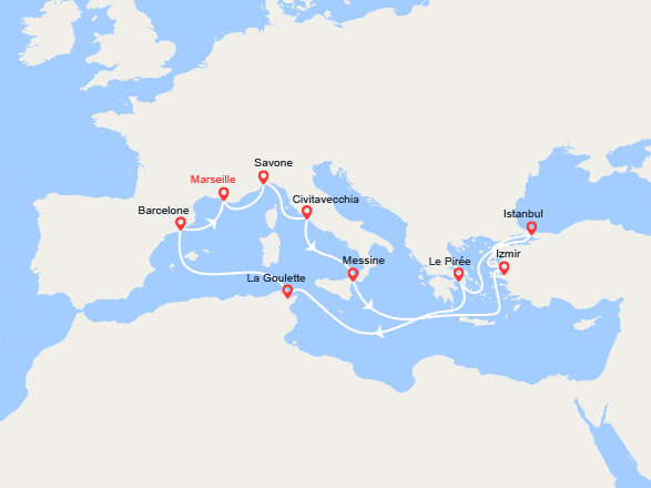 itinéraire croisière Méditerranée Occidentale : France, Italie, Turquie, Grèce, Espagne