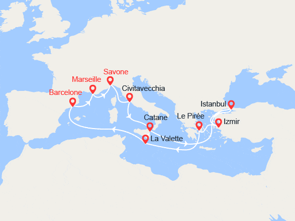 itinéraire croisière Méditerranée Orientale : France, Italie, Turquie, Grèce, Malte, Espagne