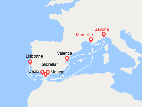 itinéraire croisière Méditerranée Occidentale : France, Malaga, Cadix, Lisbonne, Gibraltar, Italie
