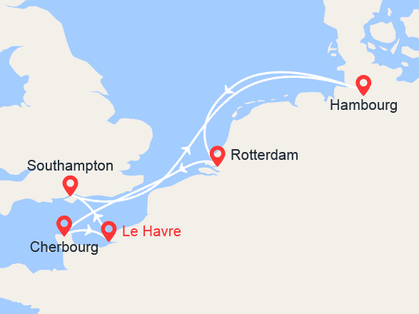 itin&eacute;raire croisi&egrave;re Europe du Nord : France, Royaume-Uni, Allemagne, Hollande 