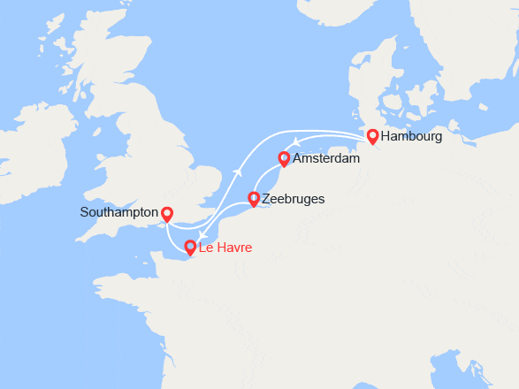 itin&eacute;raire croisi&egrave;re Europe du Nord : France, Royaume-Uni, Allemagne, Hollande, Belgique 