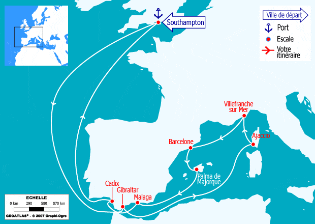 itinéraire croisière Méditerranée : Gibraltar, Espagne, Côte d'Azur, Corse