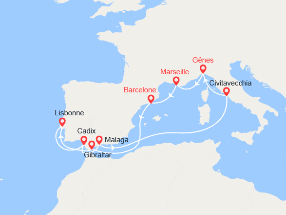 itinéraire croisière Méditerranée Occidentale : Gibraltar, Portugal, Espagne, Italie