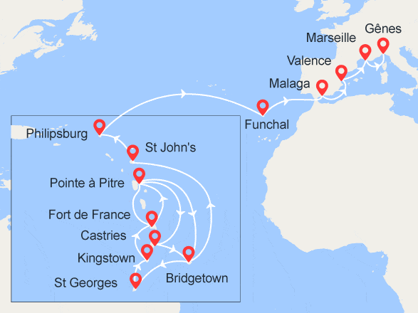 itinéraire croisière Transatlantique : Grand tour des Antilles & Transatlantique