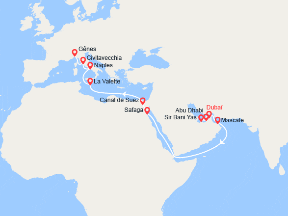 itinéraire croisière Moyen Orient : Grand Voyage : d'Émirats arabes unis, Malte, Italie