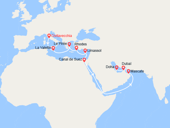 itinéraire croisière Moyen Orient : Grand Voyage : d'Italie aux Émirats arabes unis 