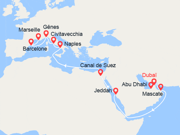 itinéraire croisière Transatlantique : Grand Voyage : de Dubaï à Marseille