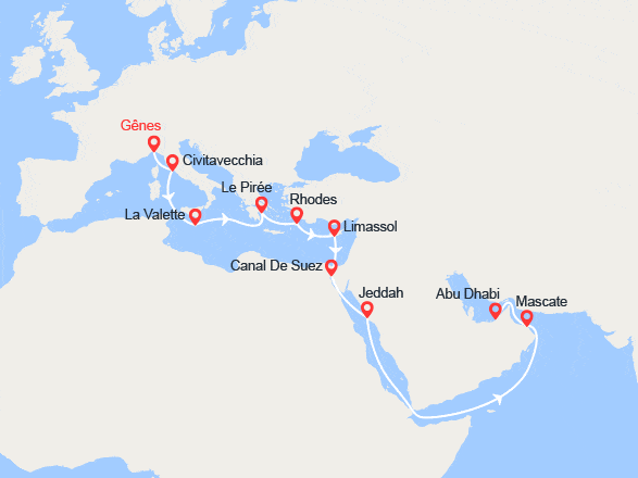 itinéraire croisière Transatlantique : Grand Voyage : de Gênes à Abu Dhabi
