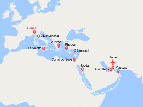 itinéraire croisière Transatlantique : Grand Voyage : de Gênes à Dubaï || Vol retour inclus
