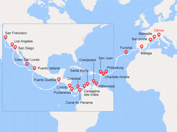 itinéraire croisière Tour du Monde : Grand Voyage : de Gênes à San Francisco