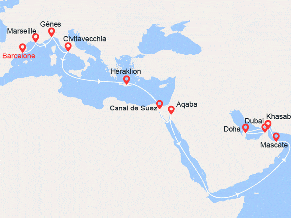 itinéraire croisière Moyen Orient : Grand Voyage : De l'Espagne aux Emirats