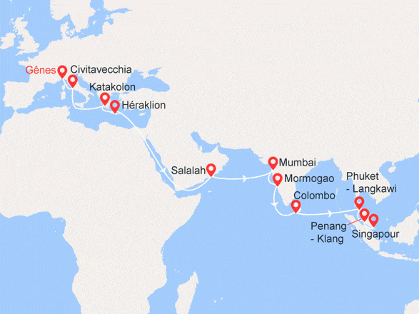 itinéraire croisière Asie : Grand Voyage : De l'Italie à Singapour