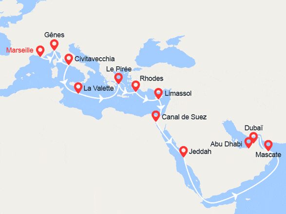 itinéraire croisière Transatlantique : Grand Voyage : de Marseille à Dubaï