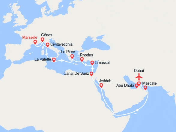 itinéraire croisière Transatlantique : Grand Voyage : de Marseille à Dubaï || Vol retour inclus